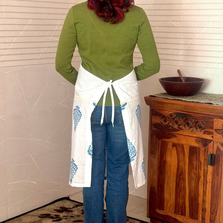 Blue Leaf Sanganeri Hand Block-Print Apron with Front Pocket | Cotton