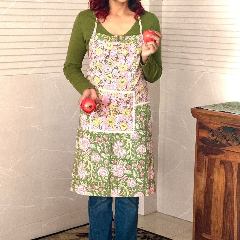 Botanical Theme Full-Length Apron with Loop Neck | Sanganeri Block Print