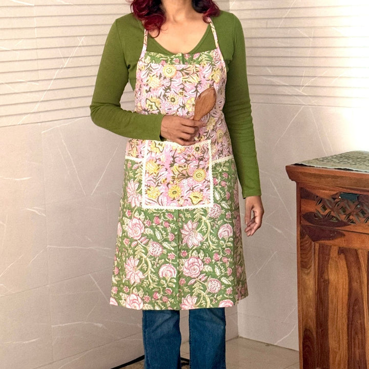 Botanical Theme Full-Length Apron with Loop Neck | Sanganeri Block Print
