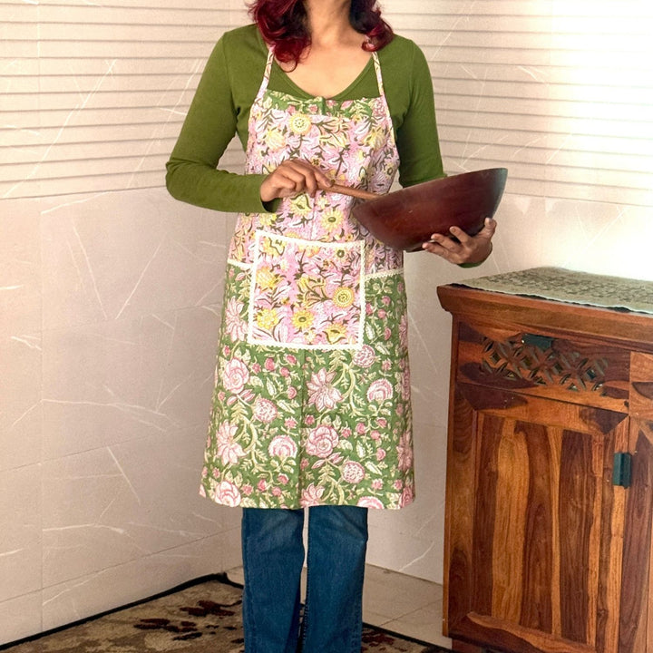Botanical Theme Full-Length Apron with Loop Neck | Sanganeri Block Print