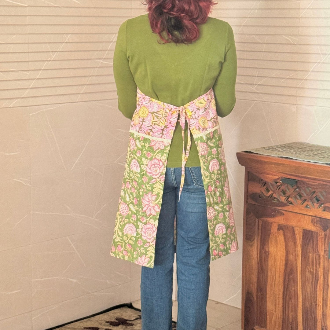 Botanical Theme Full-Length Apron with Loop Neck | Sanganeri Block Print