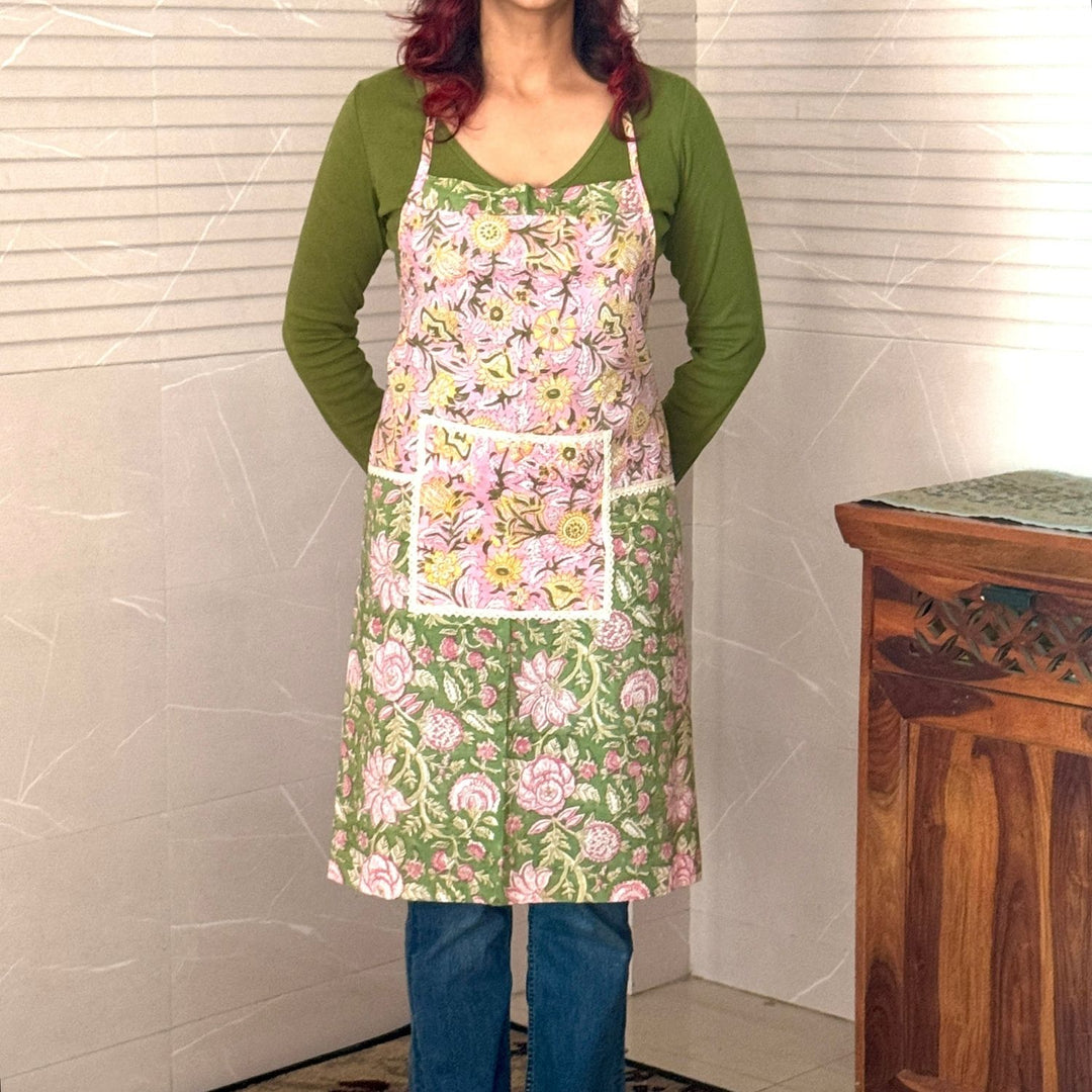 Botanical Theme Full-Length Apron with Loop Neck | Sanganeri Block Print