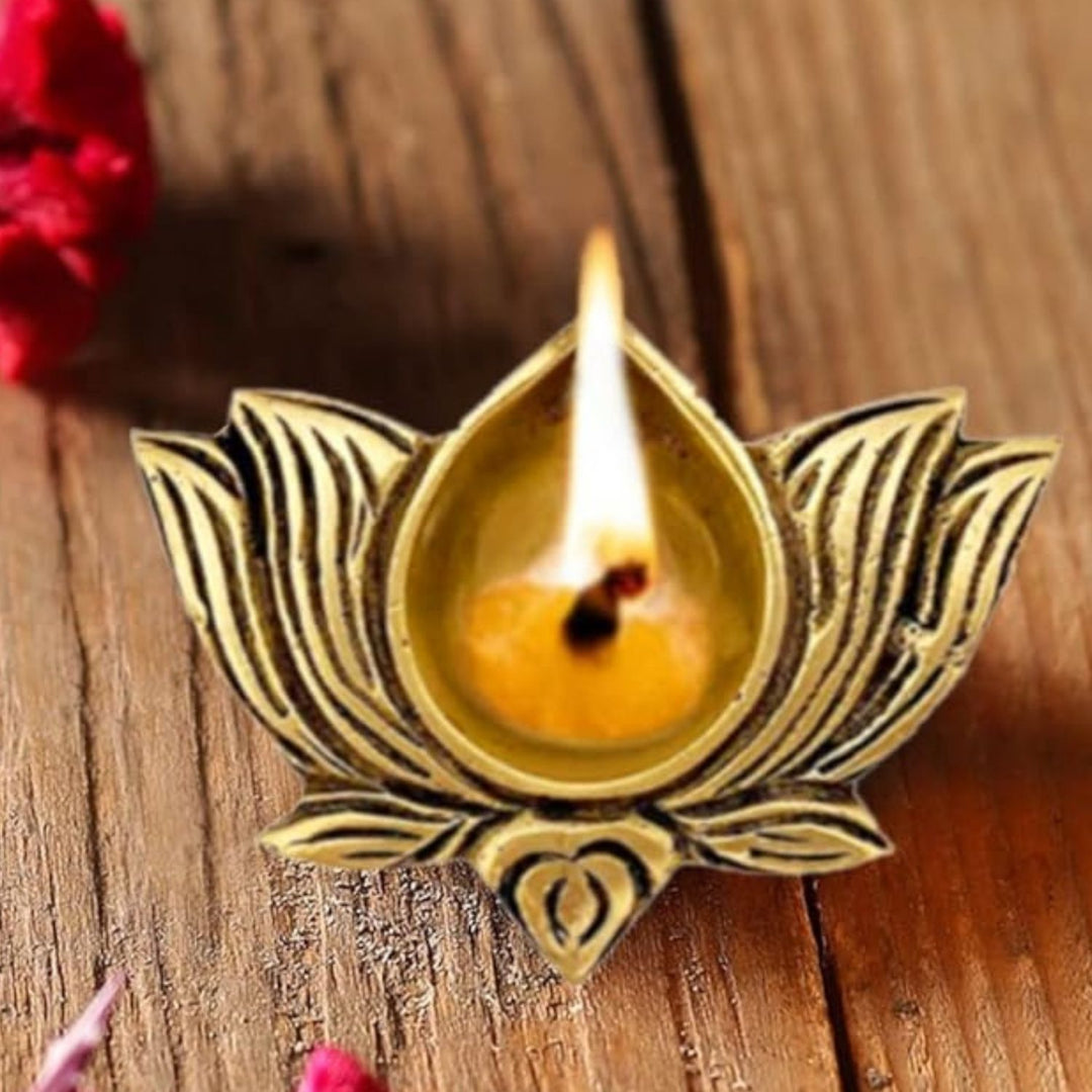 Brass Lotus Shaped Pooja Diya | Divine Ceremonial Decor | Set Of 2