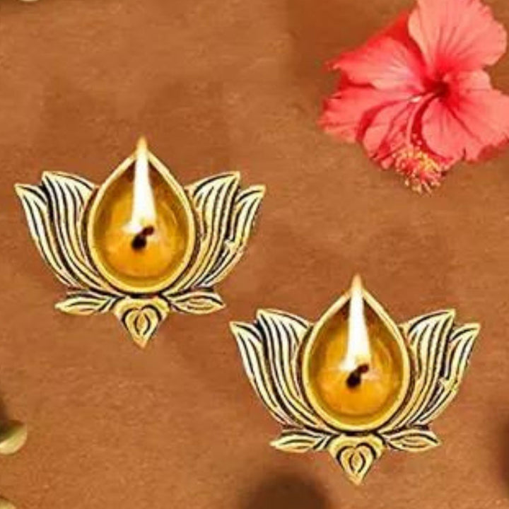 Brass Lotus Shaped Pooja Diya | Divine Ceremonial Decor | Set Of 2