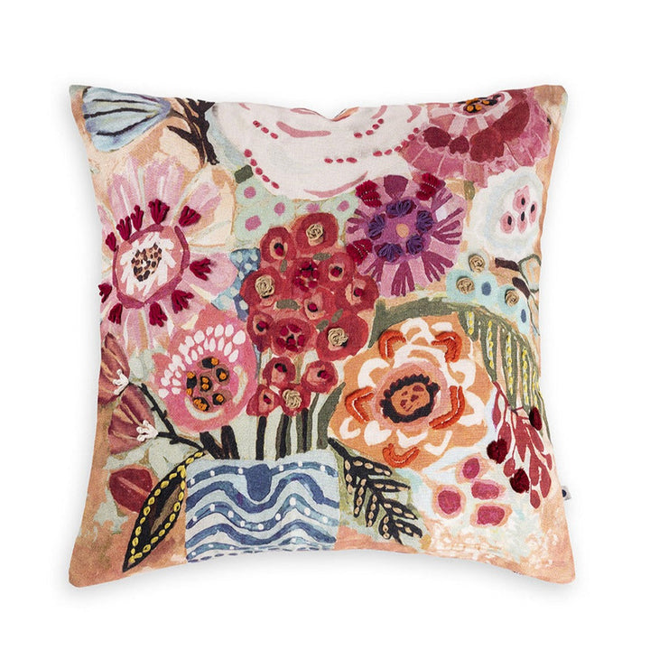 Floral Kantha Embroidered Cushion Cover In Pink | Hand-Crafted | 16" x 16"