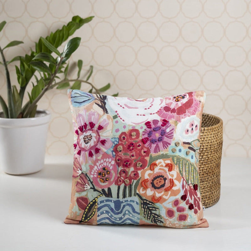 Floral Kantha Embroidered Cushion Cover In Pink | Hand-Crafted | 16" x 16"