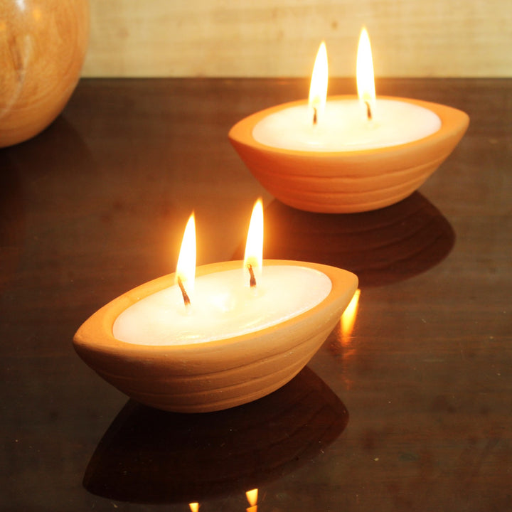 Boat Shape Terracotta Pot Double Wick Candle | Festive | Pack Of 6