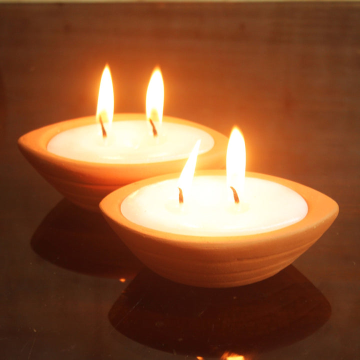 Boat Shape Terracotta Pot Double Wick Candle | Festive | Pack Of 6