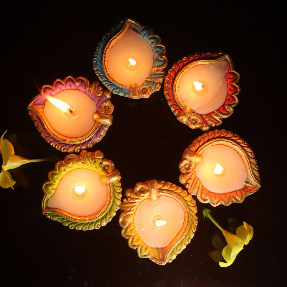 Terracotta Wax Filled Diya Candles | Hand-Crafted | Multi-Coloured | Pack Of 12