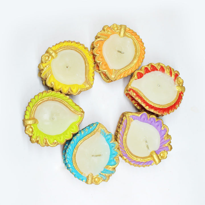 Terracotta Wax Filled Diya Candles | Hand-Crafted | Multi-Coloured | Pack Of 12