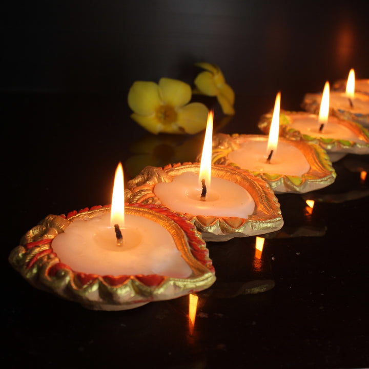 Terracotta Wax Filled Diya Candles | Hand-Crafted | Multi-Coloured | Pack Of 12