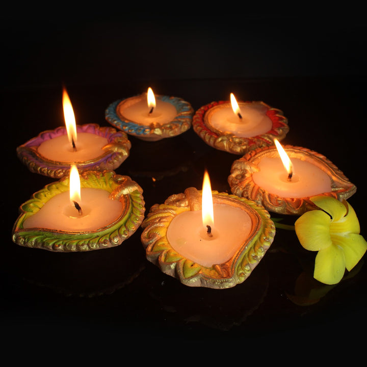 Terracotta Wax Filled Diya Candles | Hand-Crafted | Multi-Coloured | Pack Of 12