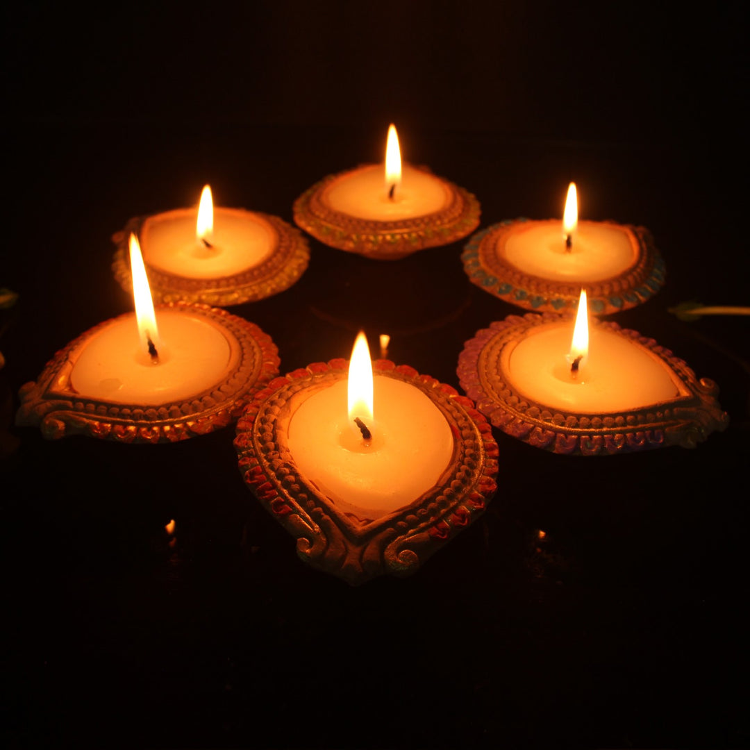 Designer Colourful Diya Candles | Terracotta | Diwali Special Pack Of 12