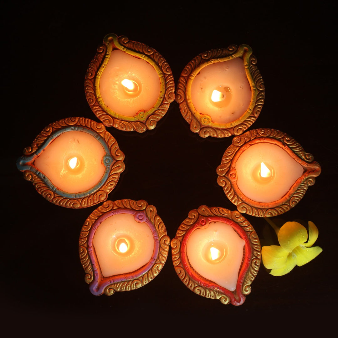 Colourful Terracotta Wax Filled Diya Candles | Clay Craft  | Pack Of 12