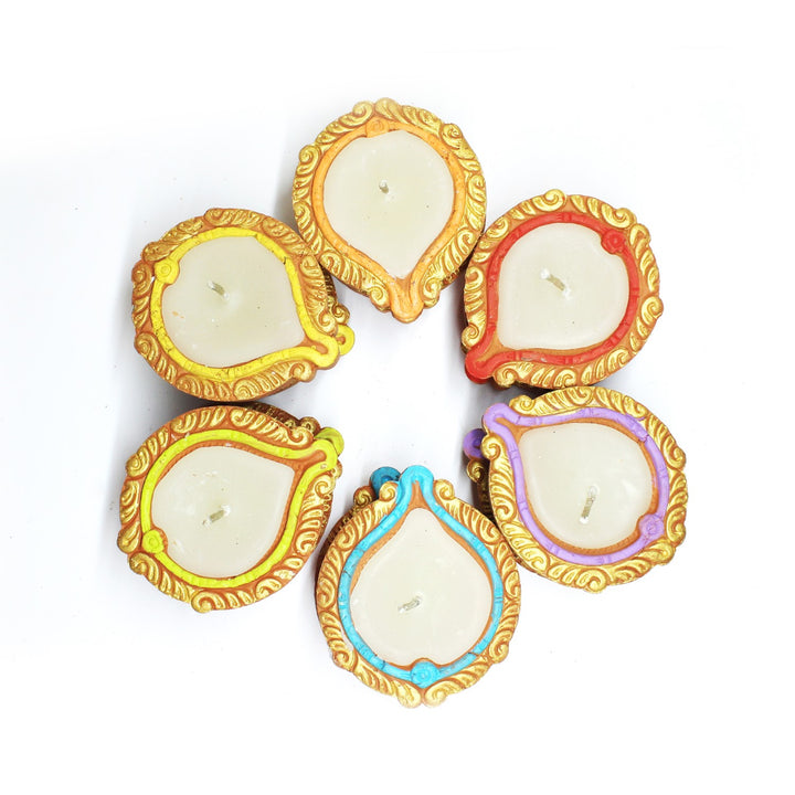 Colourful Terracotta Wax Filled Diya Candles | Clay Craft  | Pack Of 12