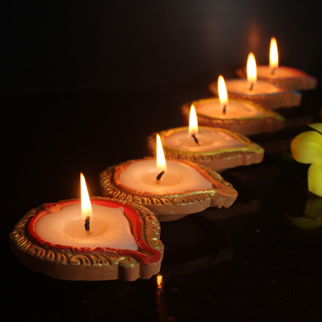 Colourful Terracotta Wax Filled Diya Candles | Clay Craft  | Pack Of 12