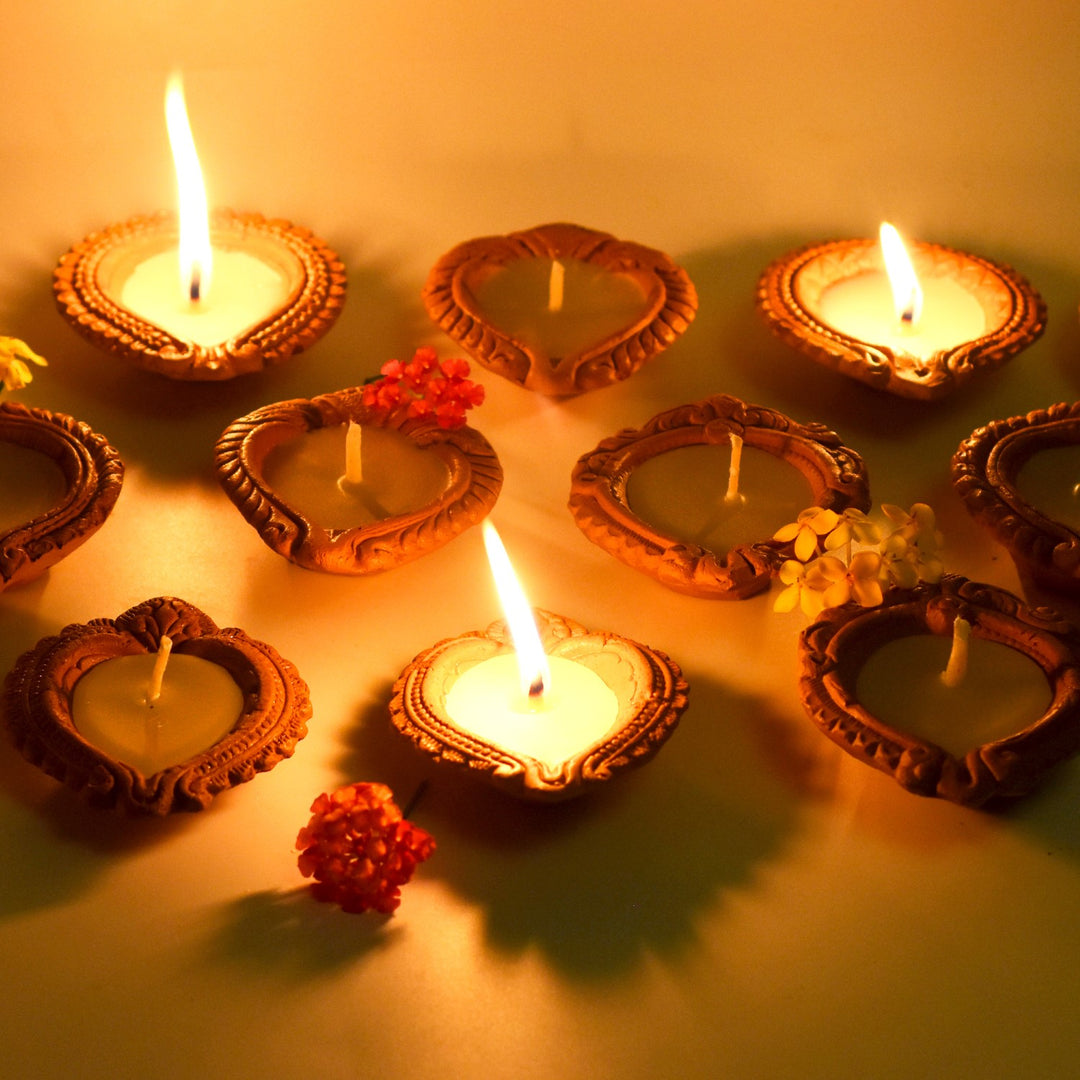 Decorative Motiff Diya Terracotta Candles | Hand-Crafted | Pack Of 12