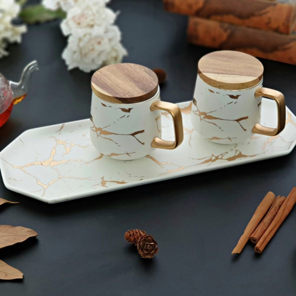 Ceramic Coffee Mugs With Lids And Serving Tray | White And Gold | Set Of 3