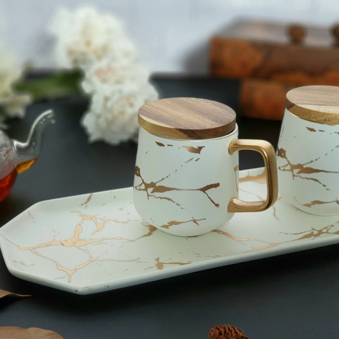 Ceramic Coffee Mugs With Lids And Serving Tray | White And Gold | Set Of 3