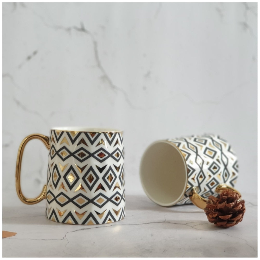 Porcelain Ceramic Coffee Mugs | Warm White | Black & Gold Print | Set Of 2