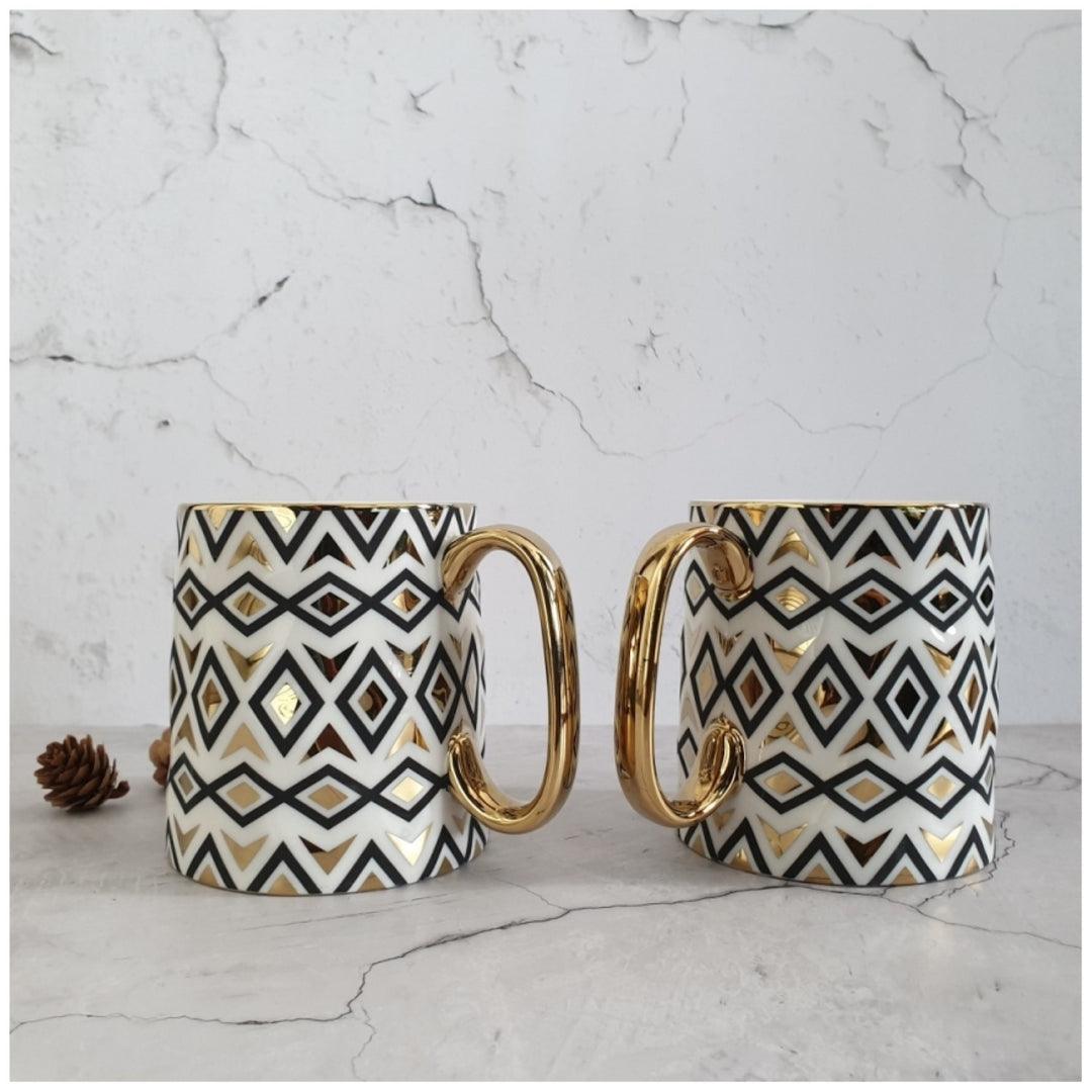 Porcelain Ceramic Coffee Mugs | Warm White | Black & Gold Print | Set Of 2