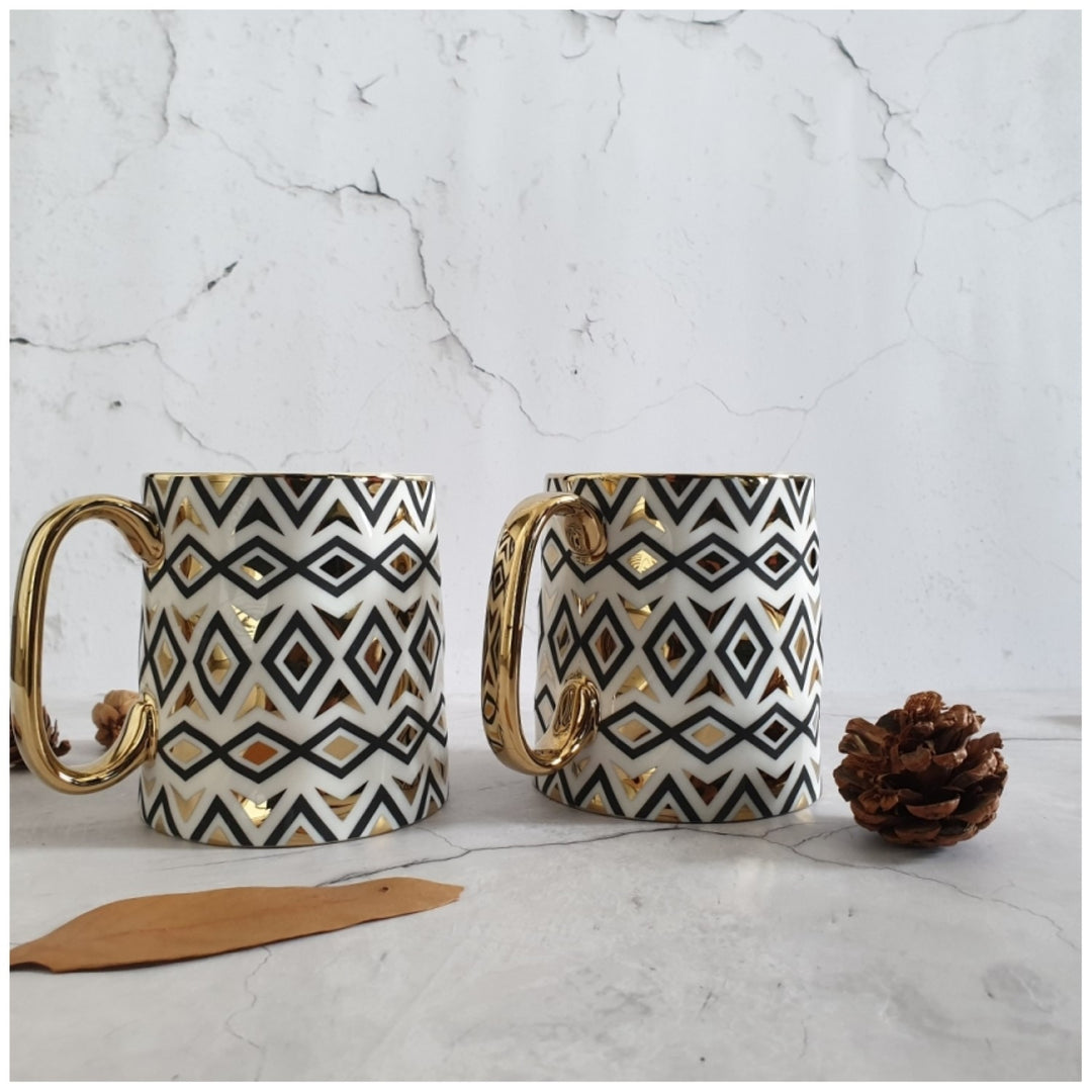 Porcelain Ceramic Coffee Mugs | Warm White | Black & Gold Print | Set Of 2