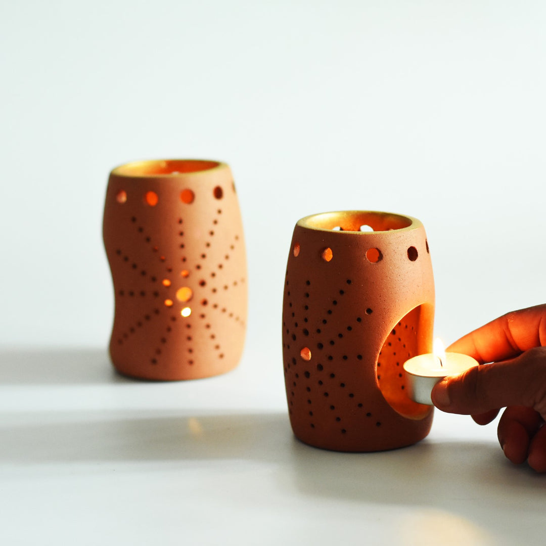 Terracotta Tealight Candle Holder Pot | Handcrafted | Gift Set of 2