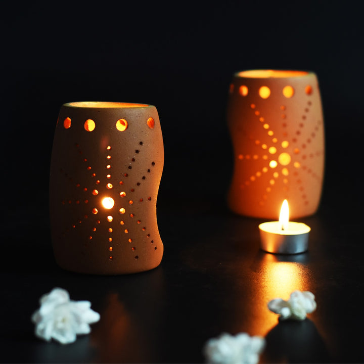 Terracotta Tealight Candle Holder Pot | Handcrafted | Gift Set of 2