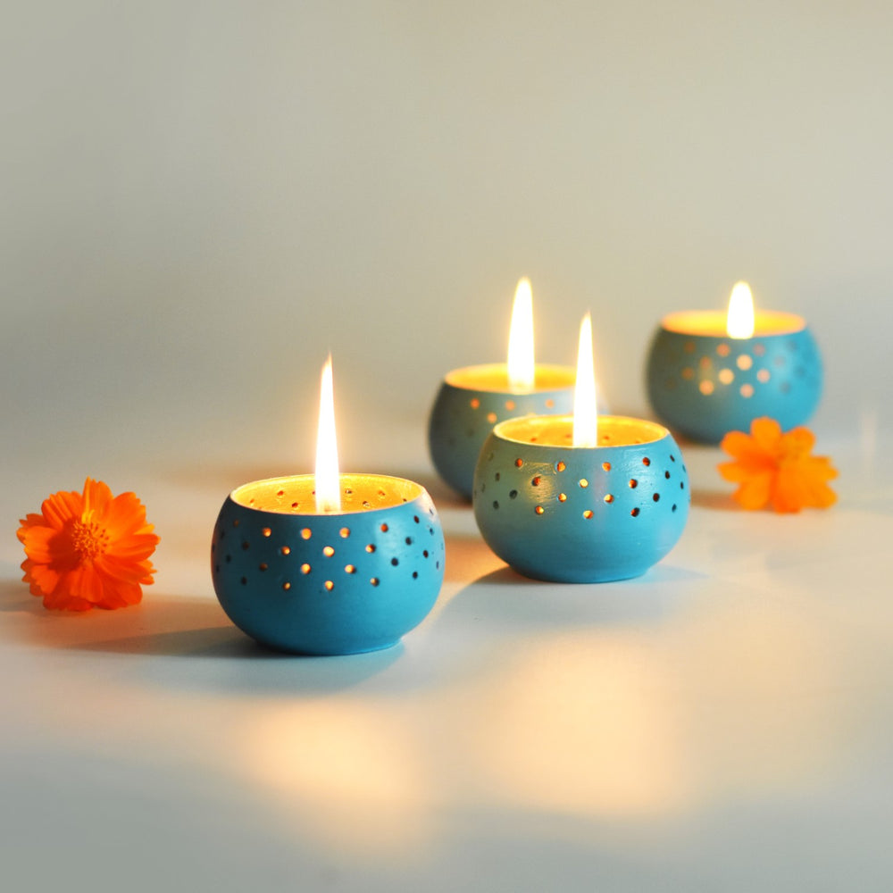 Sky Blue Dome Shape Tealight Candle Holder/Pot | Terracotta | Set of 4