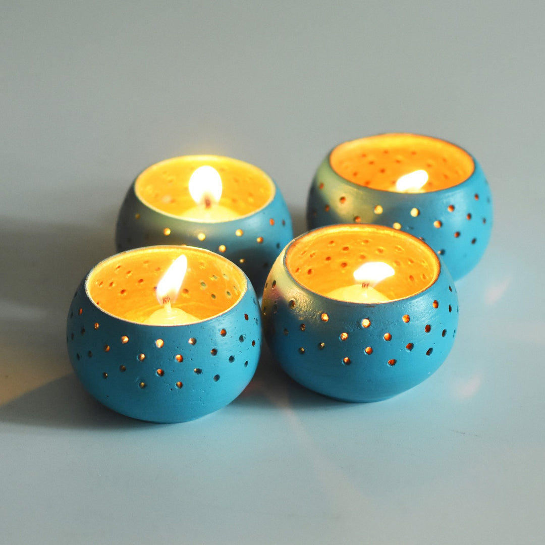 Sky Blue Dome Shape Tealight Candle Holder/Pot | Terracotta | Set of 4