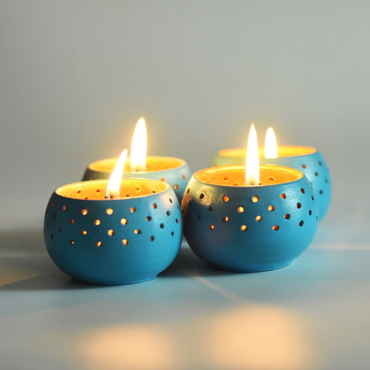 Sky Blue Dome Shape Tealight Candle Holder/Pot | Terracotta | Set of 4