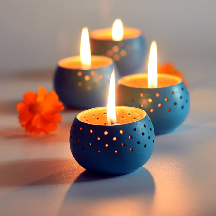 Sky Blue Dome Shape Tealight Candle Holder/Pot | Terracotta | Set of 4