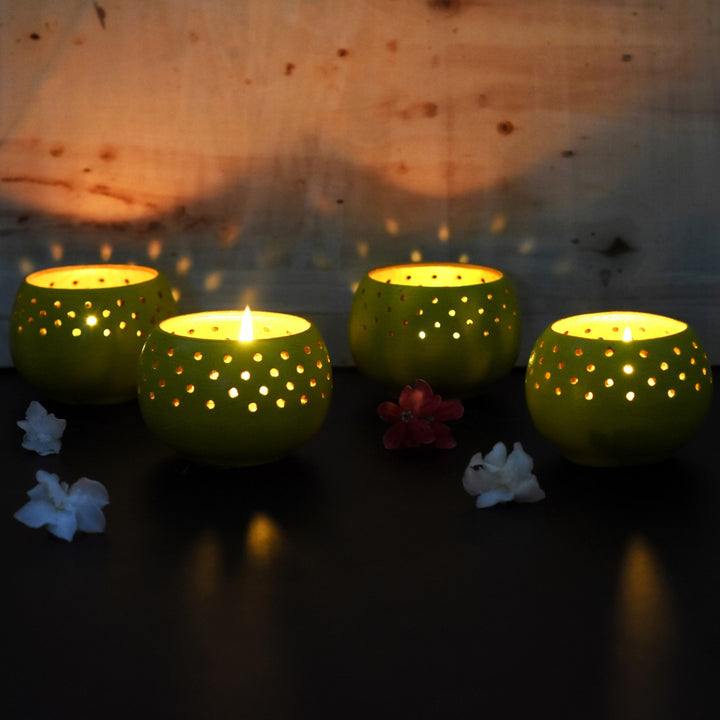 Neon Green Dome Shape Tealight Candle Holder/Pot | Terracotta | Set of 4