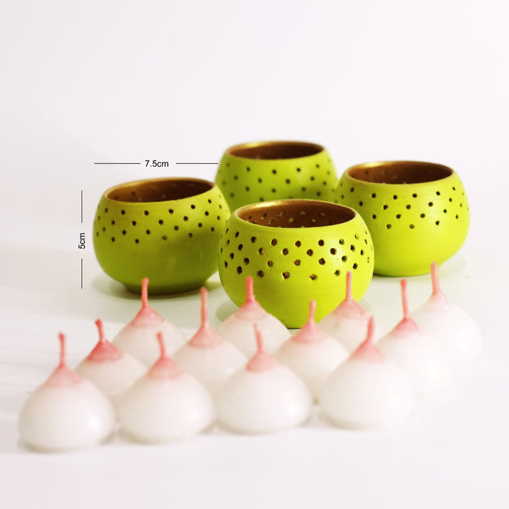 Neon Green Dome Shape Tealight Candle Holder/Pot | Terracotta | Set of 4