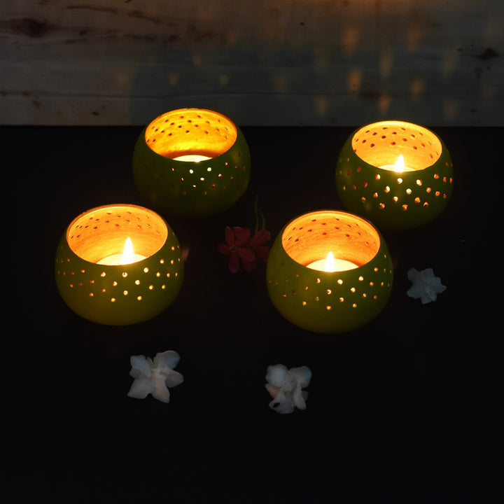 Neon Green Dome Shape Tealight Candle Holder/Pot | Terracotta | Set of 4