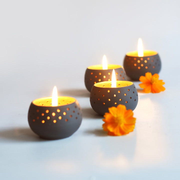 Grey Dome Shape Tealight Candle Holder/Pot | Terracotta | Set of 4