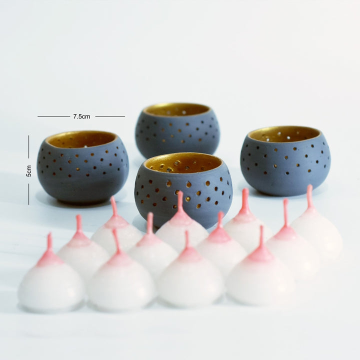 Grey Dome Shape Tealight Candle Holder/Pot | Terracotta | Set of 4