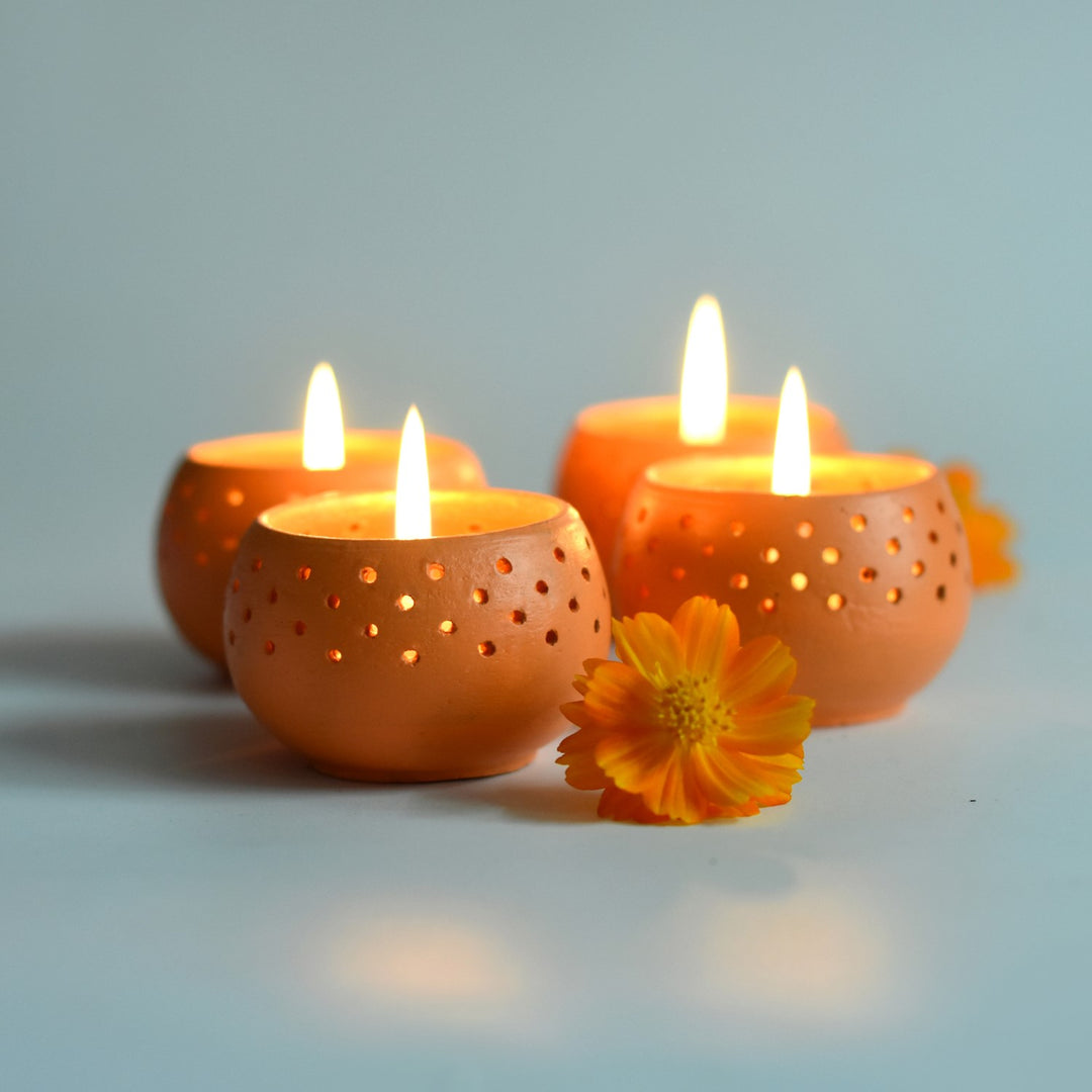 Orange Dome Shape Tealight Candle Holder/Pot | Terracotta | Set of 4