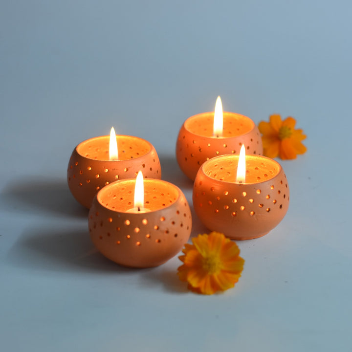 Orange Dome Shape Tealight Candle Holder/Pot | Terracotta | Set of 4