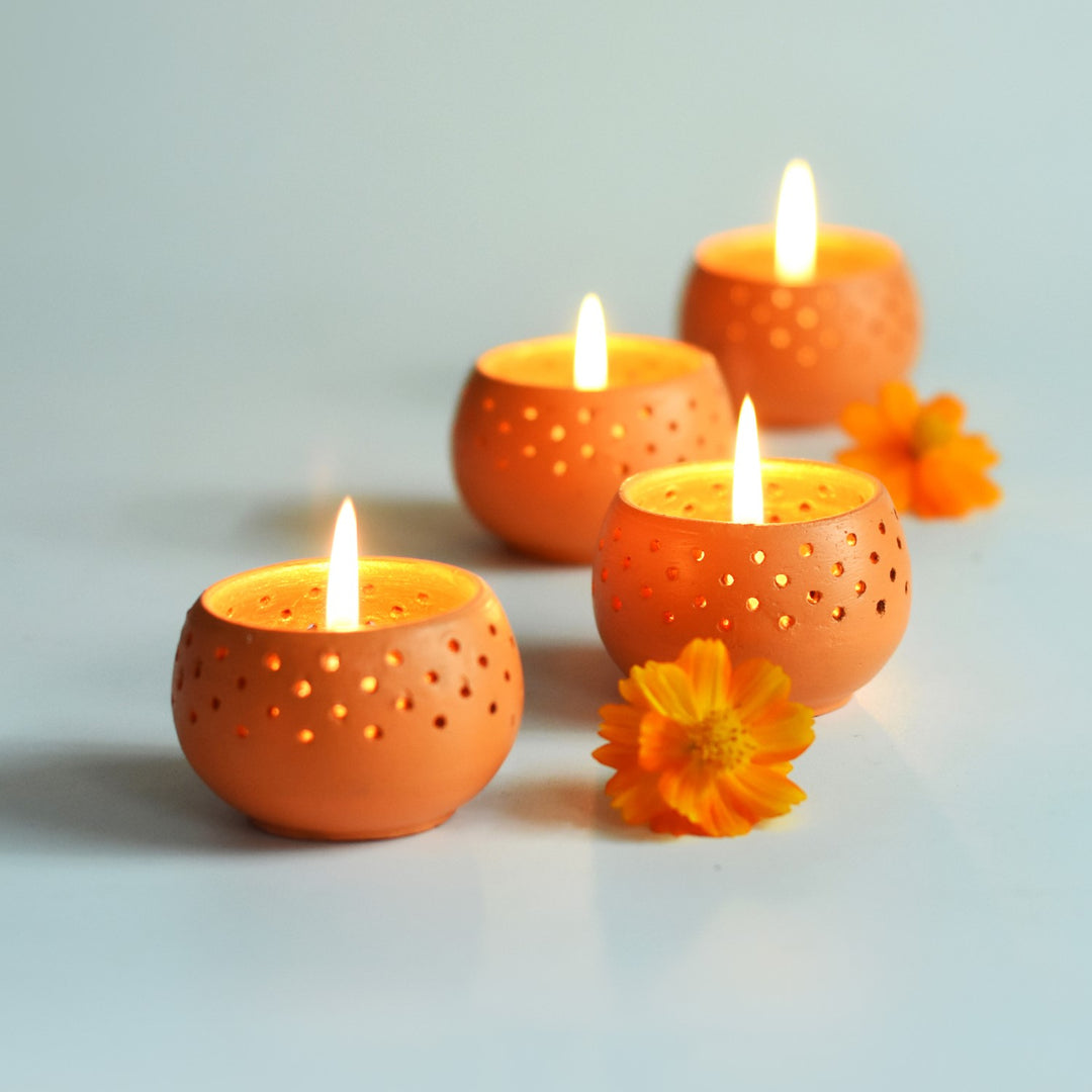 Orange Dome Shape Tealight Candle Holder/Pot | Terracotta | Set of 4