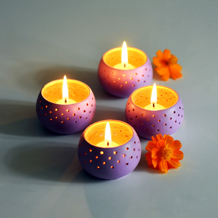 Purple Dome Shape Tealight Candle Holder/Pot | Terracotta | Set of 4