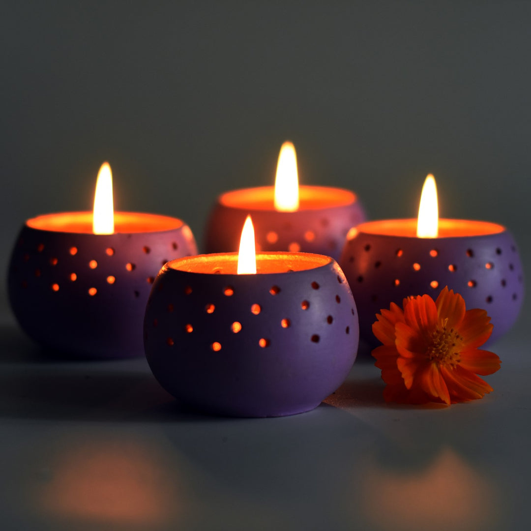 Purple Dome Shape Tealight Candle Holder/Pot | Terracotta | Set of 4