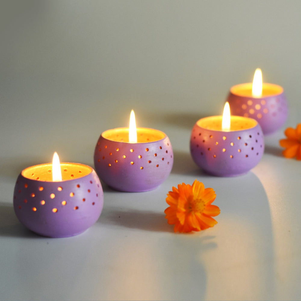 Purple Dome Shape Tealight Candle Holder/Pot | Terracotta | Set of 4