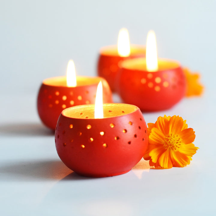 Red Dome Shape Tealight Candle Holder/Pot | Terracotta | Set of 4