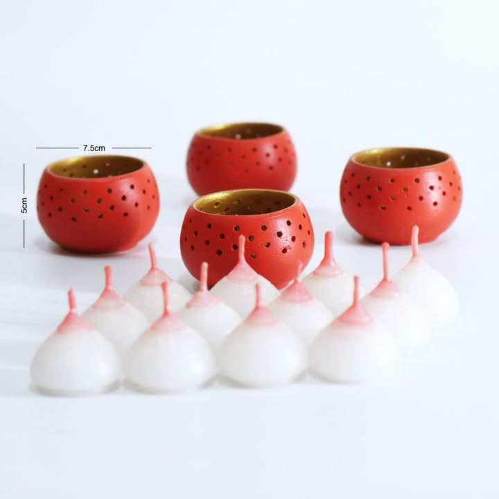 Red Dome Shape Tealight Candle Holder/Pot | Terracotta | Set of 4