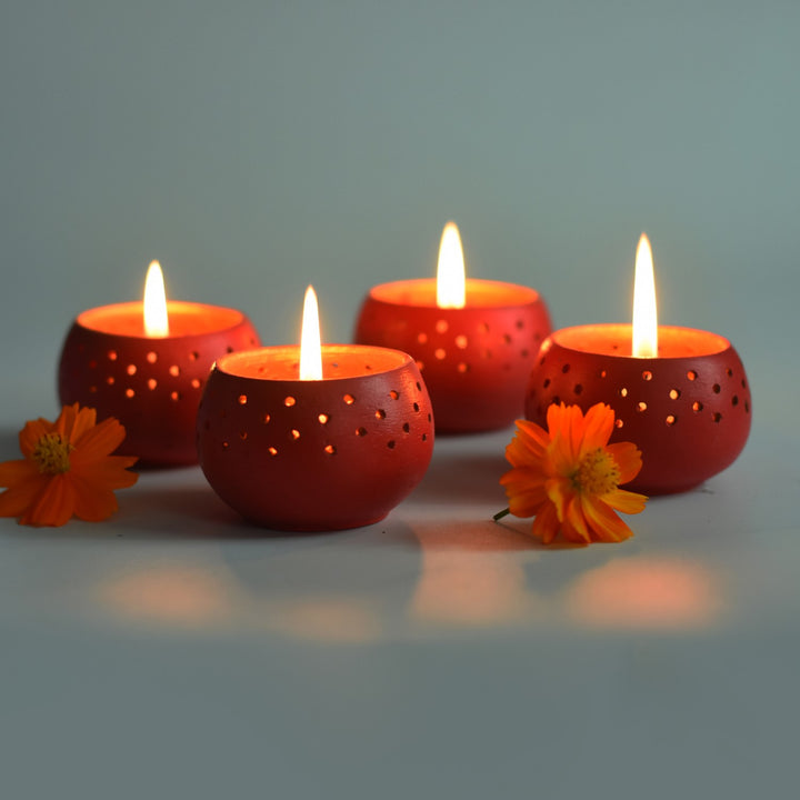 Red Dome Shape Tealight Candle Holder/Pot | Terracotta | Set of 4