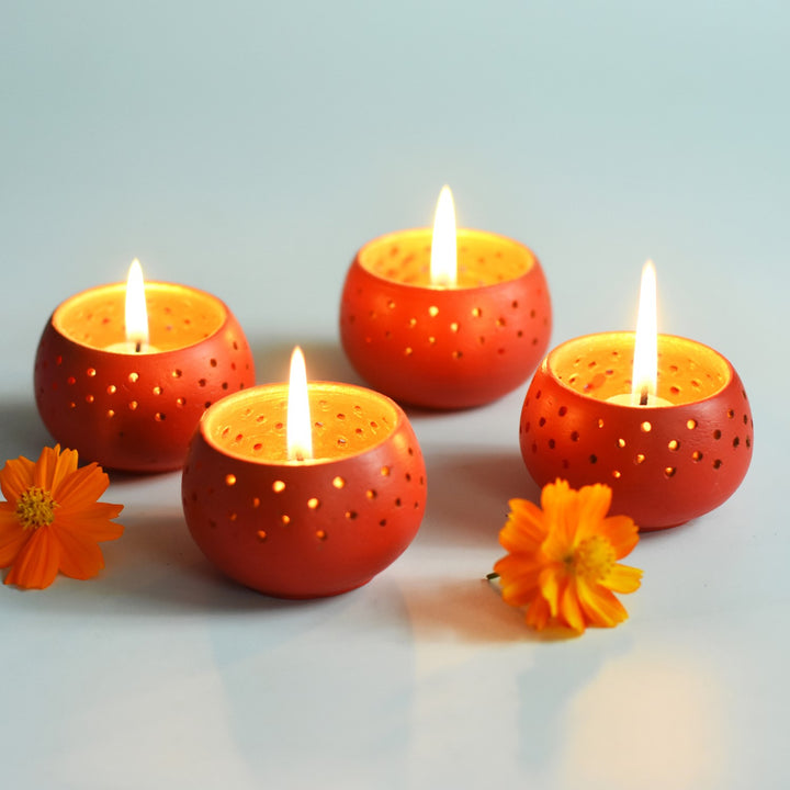 Red Dome Shape Tealight Candle Holder/Pot | Terracotta | Set of 4