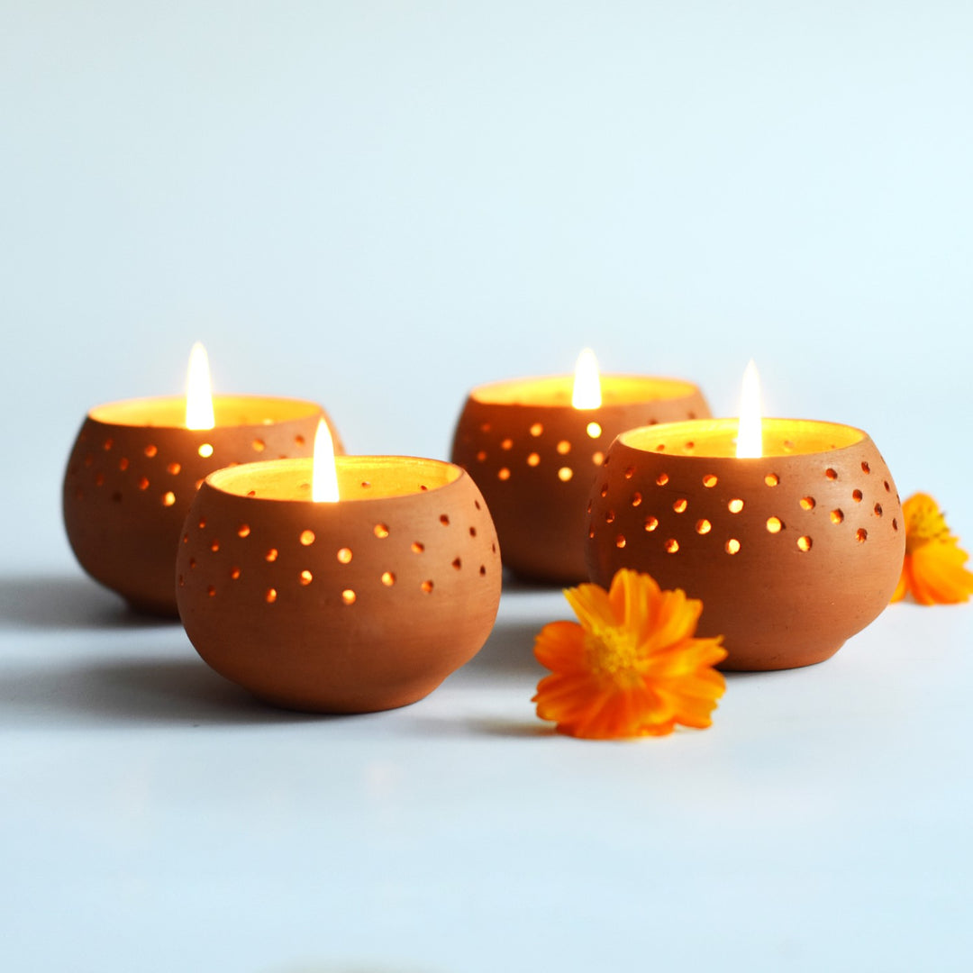 Perforated Dome Shape Tealight Candle Holder/Pot | Terracotta | Set of 4