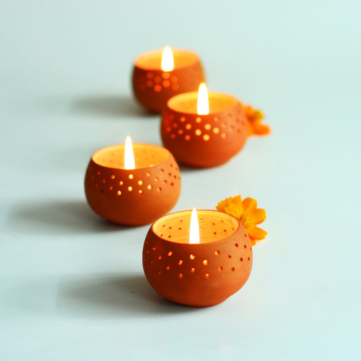 Perforated Dome Shape Tealight Candle Holder/Pot | Terracotta | Set of 4