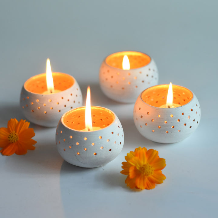 White Dome Shape Tealight Candle Holder/Pot | Terracotta | Set of 4